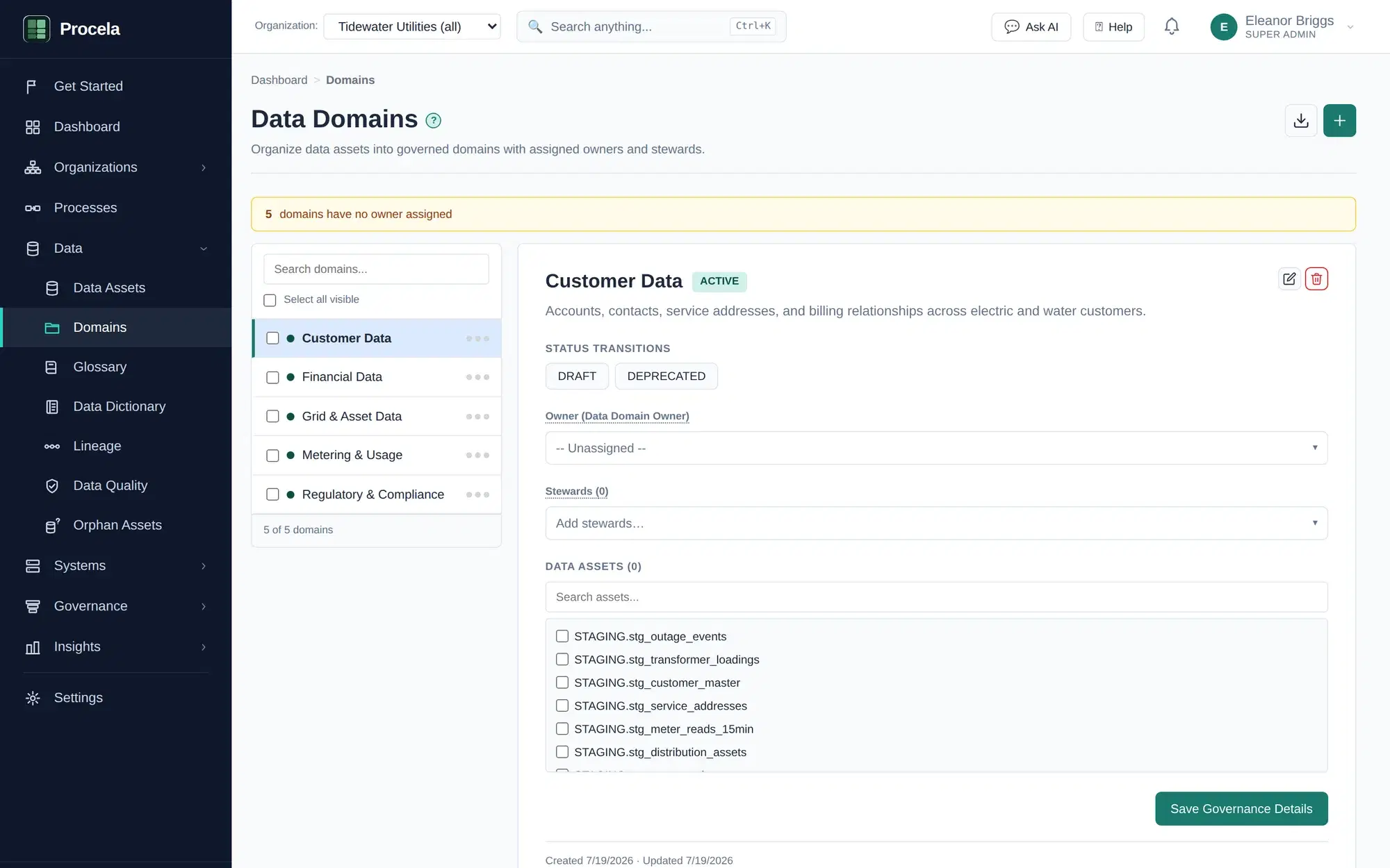 Procela data domains view with a domain list and a detail panel showing owner, stewards, and member data assets.