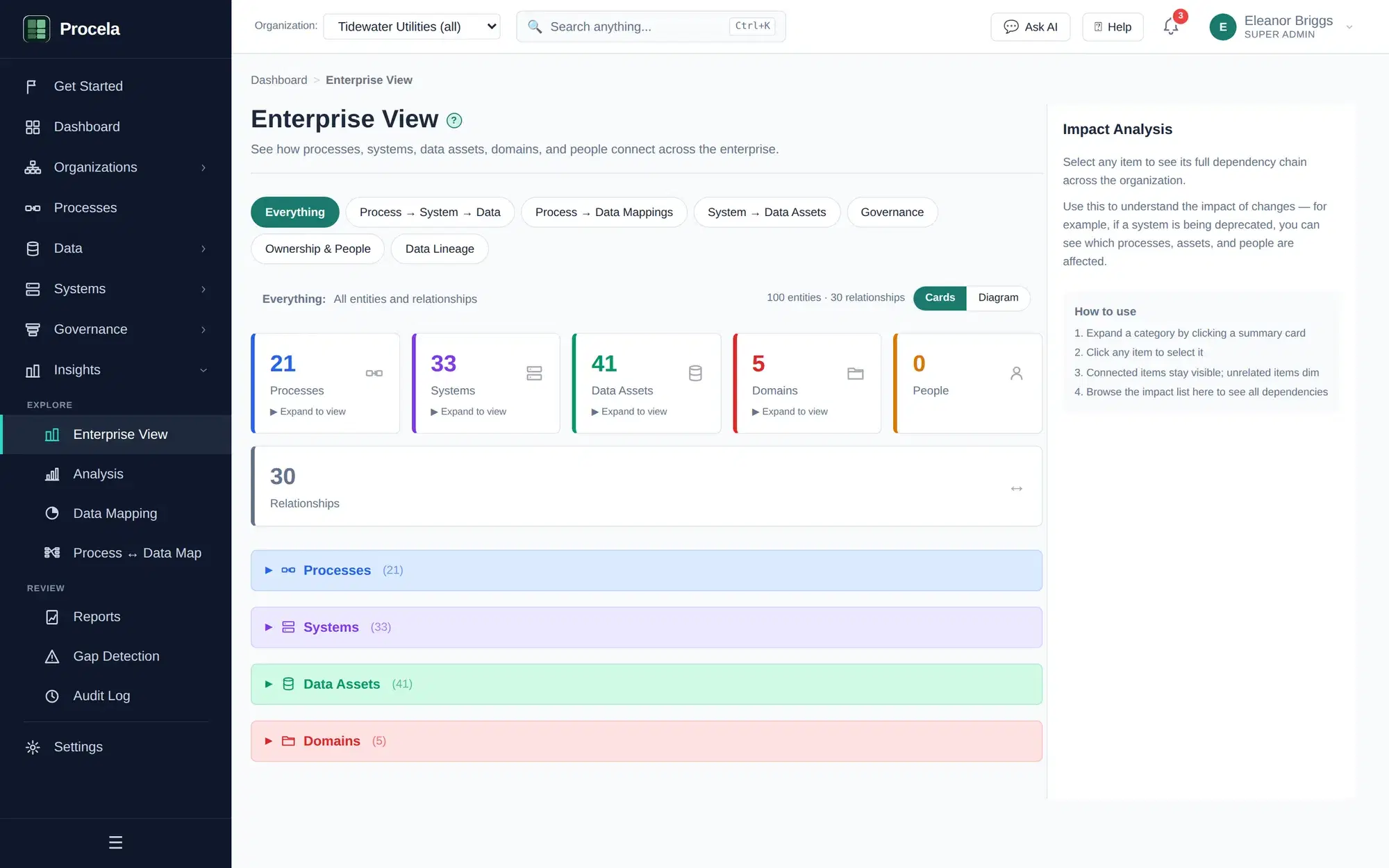 Procela enterprise view showing counts of processes, systems, data assets, and domains with their relationships.