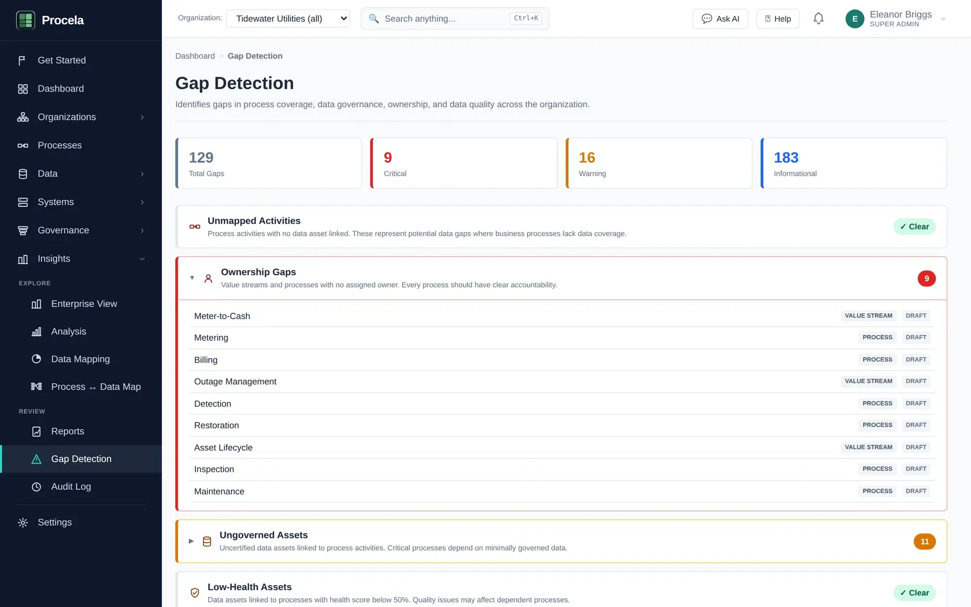 Procela gap detection view showing total, critical, and warning governance gaps with an ownership-gap breakdown.
