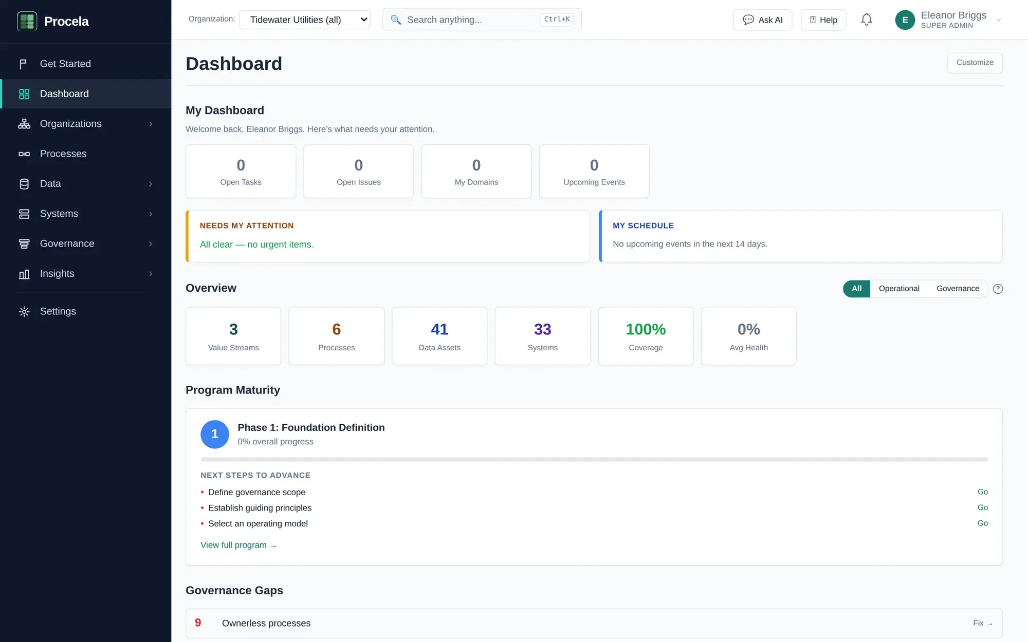 The Procela dashboard showing governance coverage across value streams, processes, data assets, and systems.