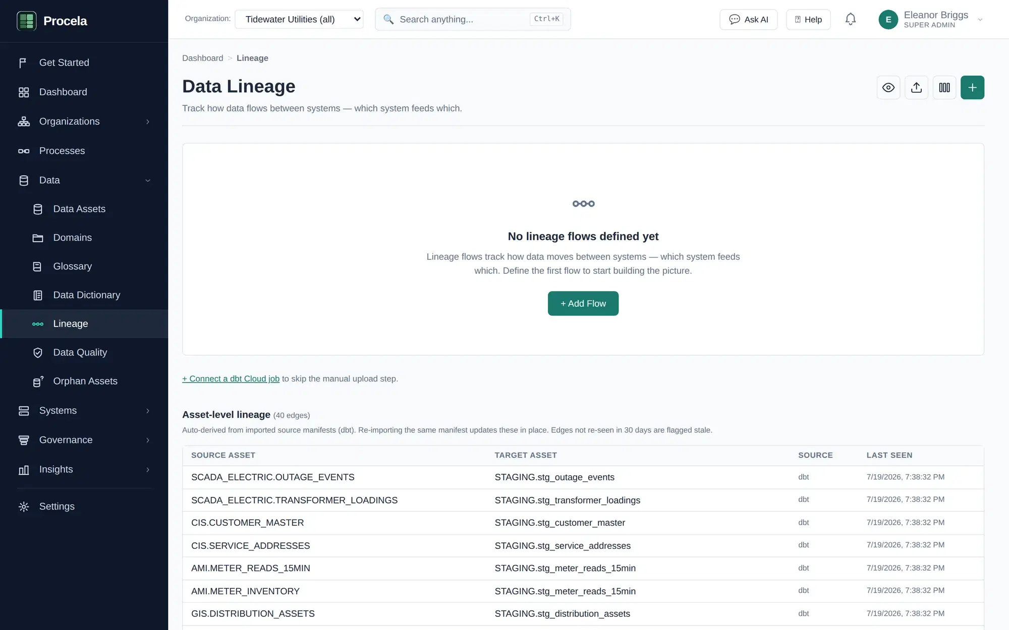 Procela Data Lineage view showing asset-level edges between source and staging tables.
