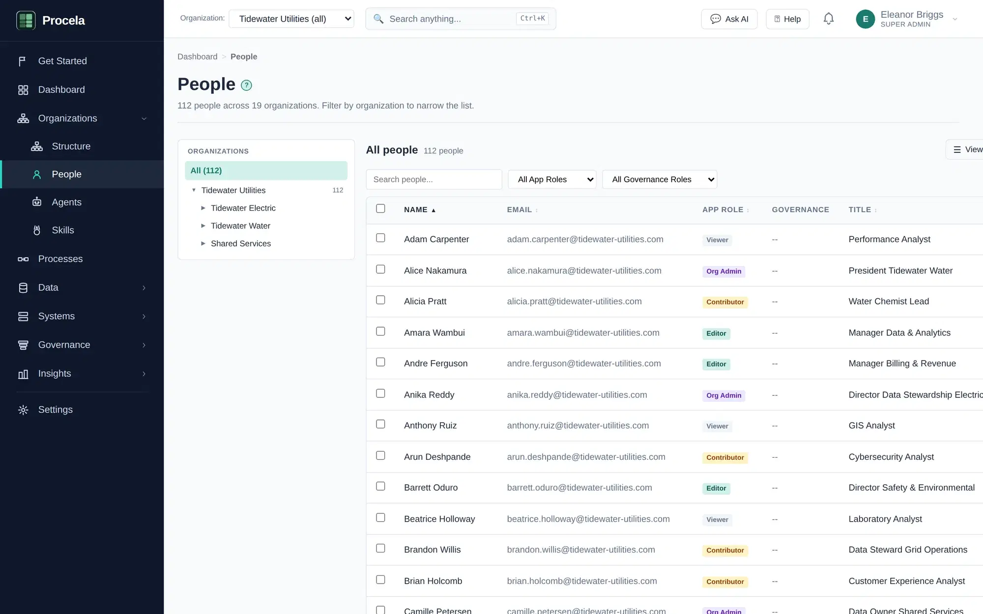 Procela People view listing owners and stewards with their roles and titles across the organization.
